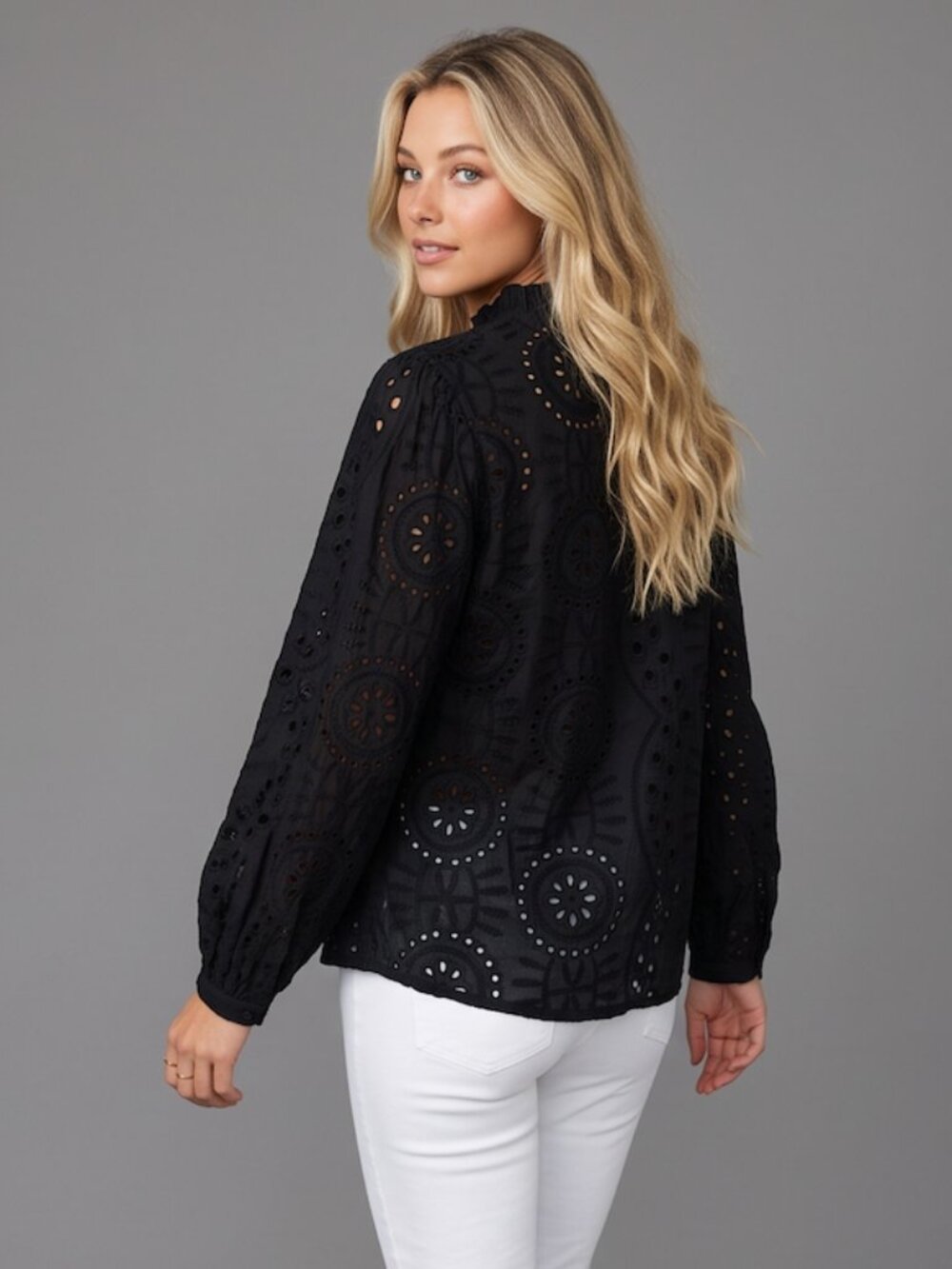 Black Eyelet Embroidered Blouse – Ruffle Stand Collar Split V-Neck Peasant Top - Picture 4 of 9